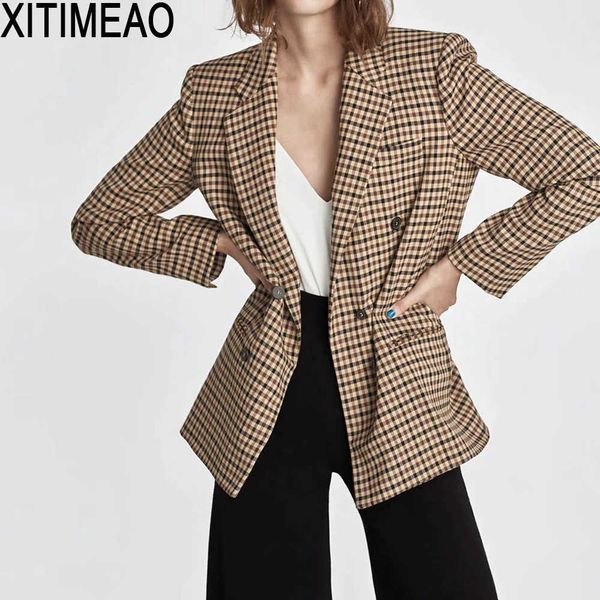 

za women fashion office wear double breasted blazers coat vintage long sleeve pockets female outerwear chic 210604, White;black
