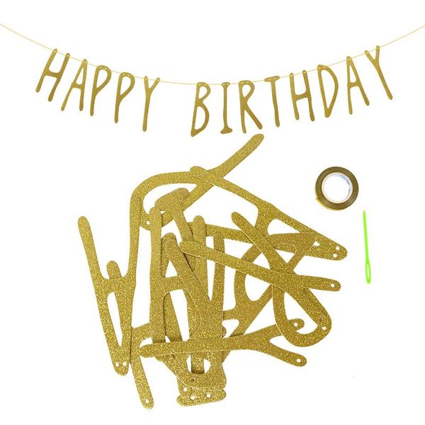 

party decoration happy birthday paper banner garland gold glitter hanging bunting flags kids baby shower supplies