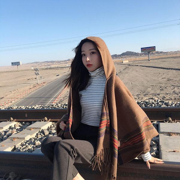 

luxury women's jackets ethnic style cape women's thickened warm yunnan tibet travel scarf with hat cape coat, Black;brown