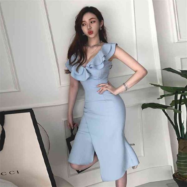 

blue midi dress for women summer ruffle sleeveless v neck polyester ladies club party dresses 210602, Black;gray