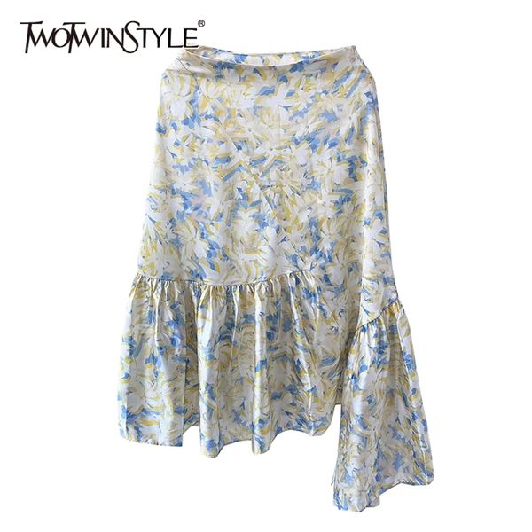 

asymmetrical print floral skirt for women high waist irregular hem hit color vintage skirts female fashion 210521, Black