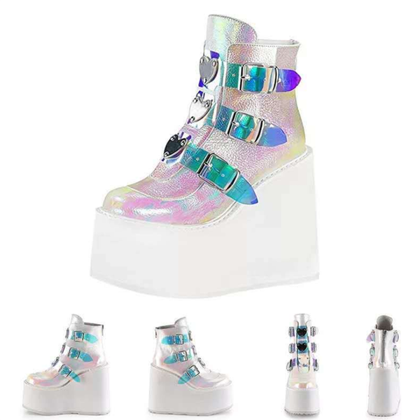 

boots 2021 brand metal heighten buckle ankle women fashion punk female high platform snow wedges heels shoes, Black