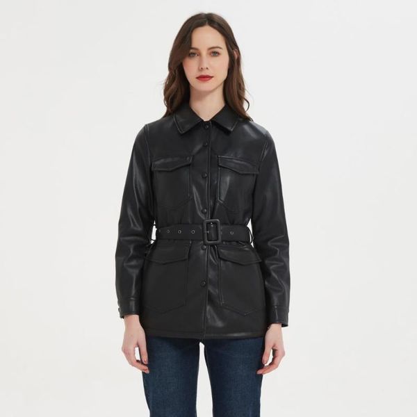

women's leather & faux motorcycle women shirt street personality single buttons pu autumn winter casual long sleeve blouse black