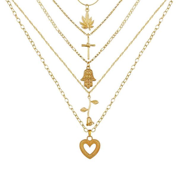 

pendant necklaces cross border palm rose hollow love necklace creative retro multi-layer four layer sweater chain, Silver
