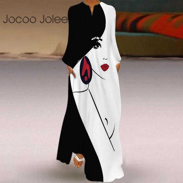 

jocoo jolee women casual long sleeve v neck face print loose long dress elegant simple straight floor-length dress plus size 3xl 210619, Black;gray