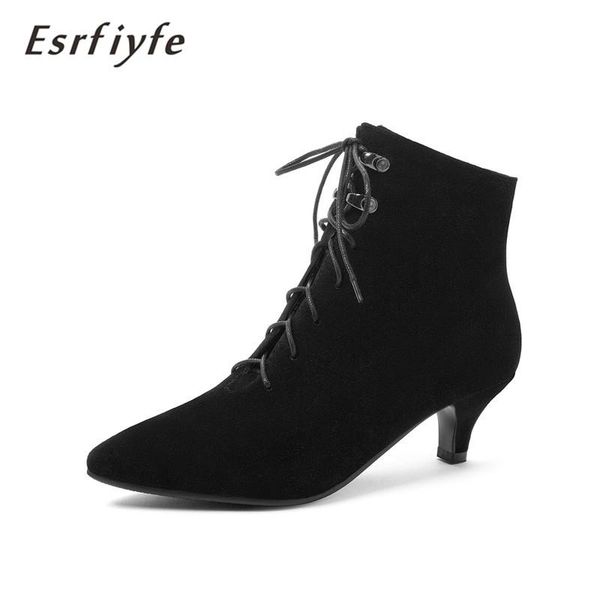 

boots esrfiyfe 2021 autumn woman pointed toe ankle lace up flock thin high heels booties ladies shoes black botas mujer