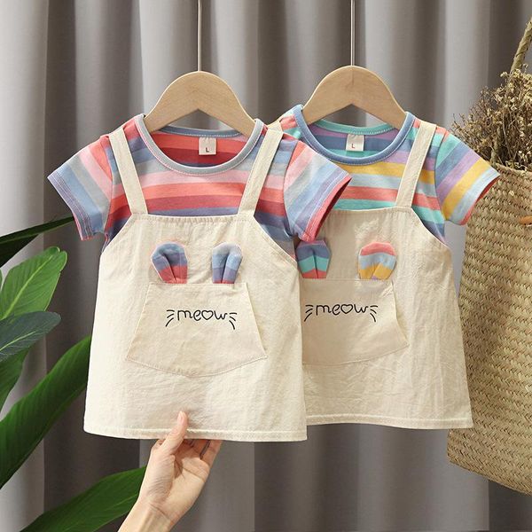 

girl's dresses baby girls sweet cartoons dress summer children's striped princess cloths kids, Red;yellow