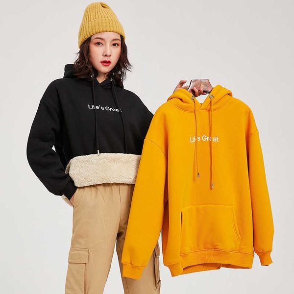 

spring and autumn hoodie thicker plus velvet warm soft letter printed simple all-match pockets leisure pullovers wome 210601, Black