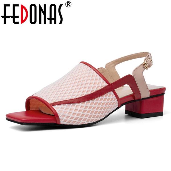 

dress shoes fedonas summer fashion sweet genuine leather mesh women sandals comfortable breathable buckle high heels party woman, Black