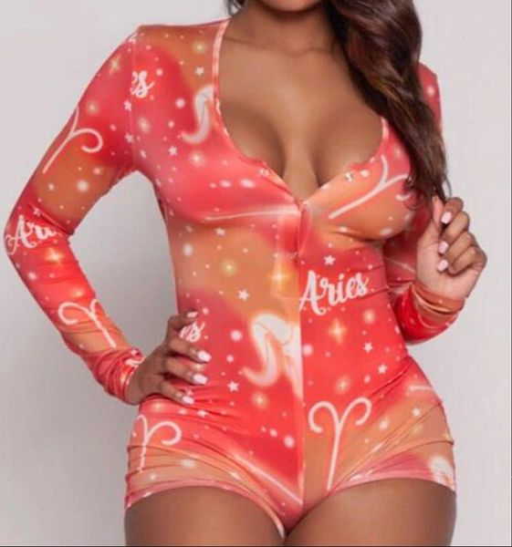 

womens jumpsuits zodiac signs bodysuit women long sleeve bodycon pajama romper shorts leotard playsuit overalls sleepwear, Black;white