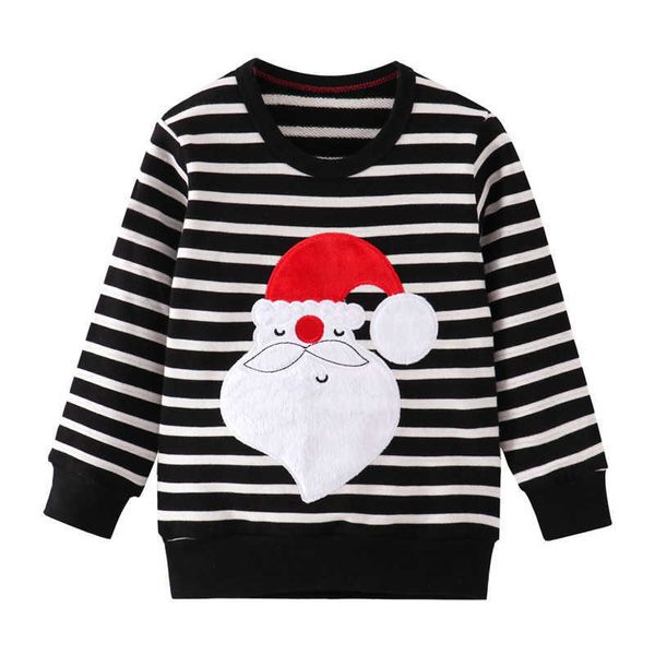 Springen Meter Weihnachten Jungen Mädchen Sweatshirts Herbst Winter Weihnachtsmann Applikation Baumwolle Kinder Streifen Kleidung Kid Boy Shirt 210529