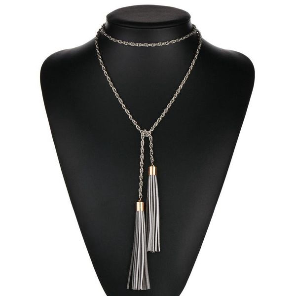 

chokers korean long twist chain multilayers necklace for women handmade charm leather tassel pendant sweater neck collar female, Golden;silver