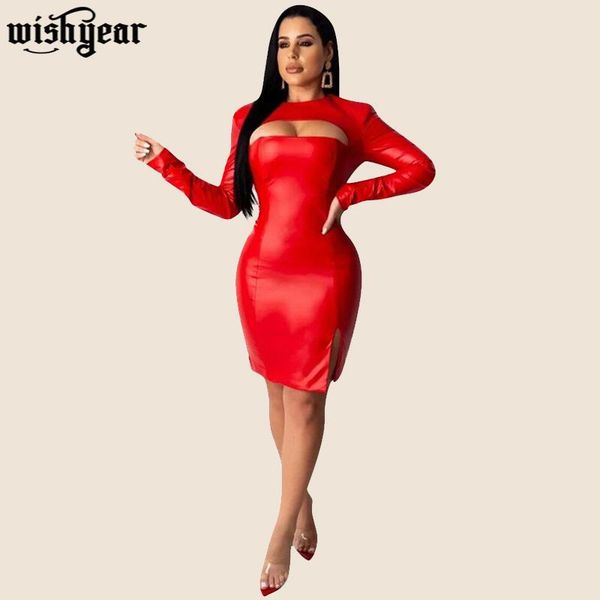 

casual dresses red/black pu leather bodycon mini dress women hollow out high slit long sleeve night club christmas party, Black;gray