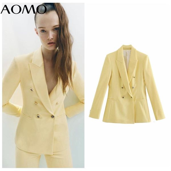 

women's suits & blazers aomo women yellow blazer coat vintage double breasted pocket 2021 fashion office lady chic 2w38a, White;black