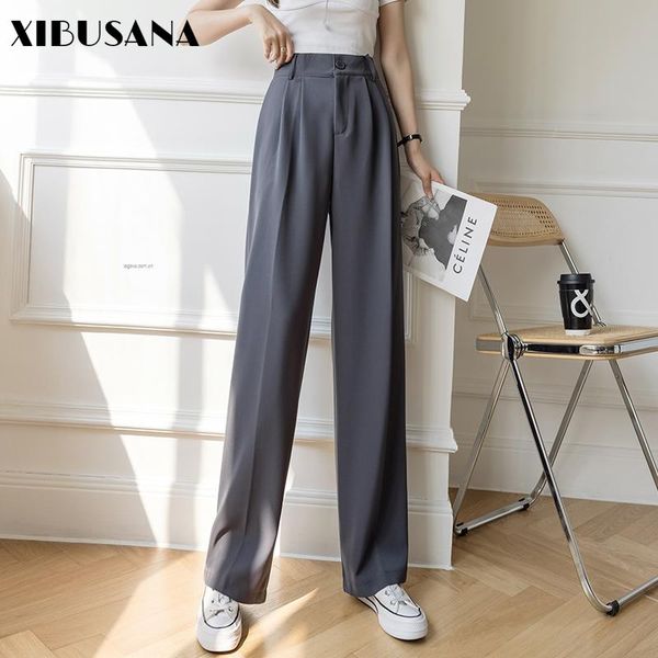 

office ladies elegant straight suits pant 2021 spring autumn women solid high waist casual wide leg pants female long trousers women's, Black;white
