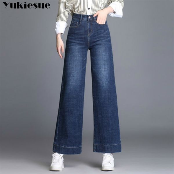 Винтаж высокой талии блики джинсы для женщин ретро стиль колокольчик нижние джинсы женские женские темно-синие широкие джинсовые штаны 210519