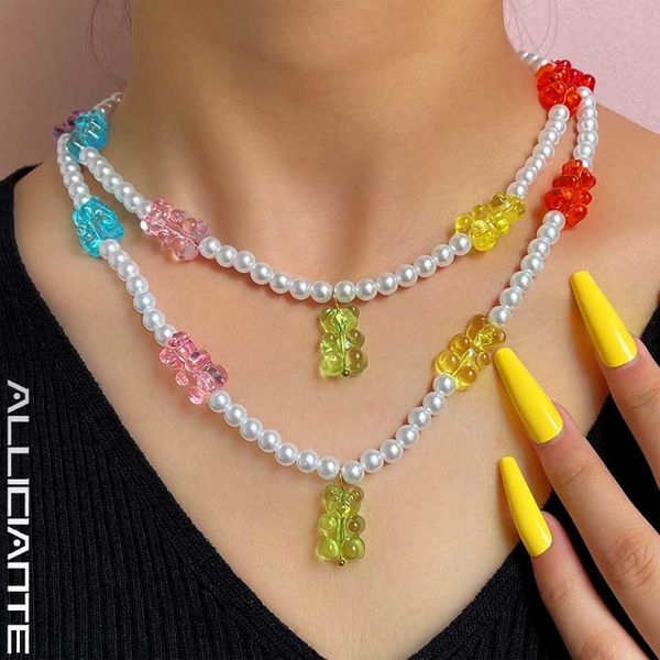 

chokers y2k candy gummy mini bear pearl beaded necklace for women baroque choker handmade charm bohemian vacation jewelry, Golden;silver