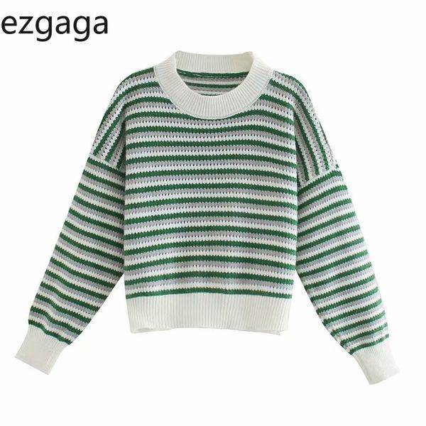 

ezgaga green striped sweater women autumn casual hollow out contrast basic outwear all-match ladies pullover fashion 210430, White;black