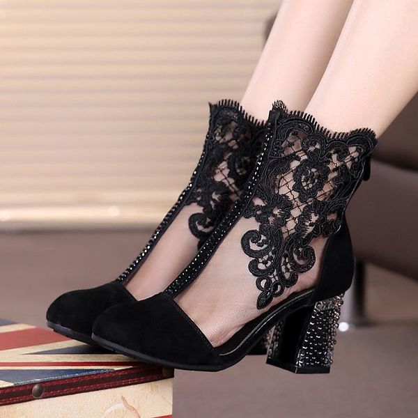 

boots 2021 summer leather short breathable hollow mesh cool shoes women's high heels, Black