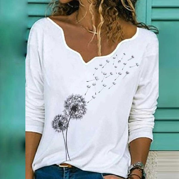 

v-neck long elegant sleeve women's t-shirt trend casual print top, White