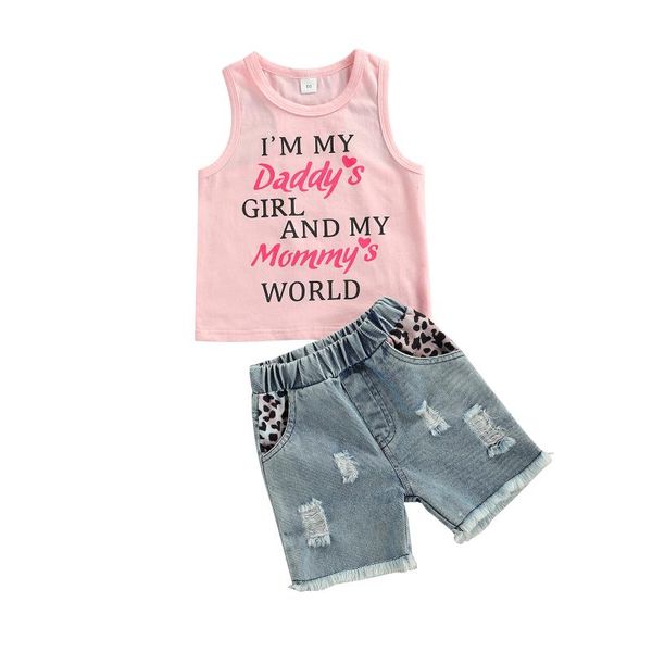 

2pcs infant baby girl casual outfits sets letter print round neck tank + leopard ripped jeans with pocket for summer clothing, White