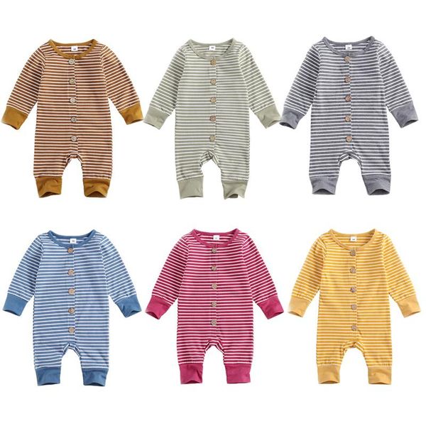 

jumpsuits autumn infant baby boy girl jumpsuit striped long sleeve single breasted o-neck romper cotton clohting, Blue
