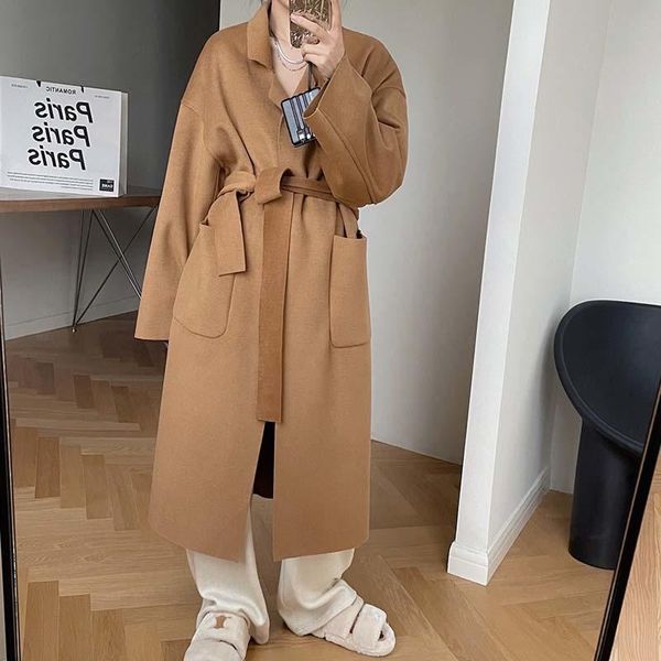 

women's wool & blends women long woolen coat 2021 autumn winter turn down collar solid color lace up elegant overcoat with belt, Black