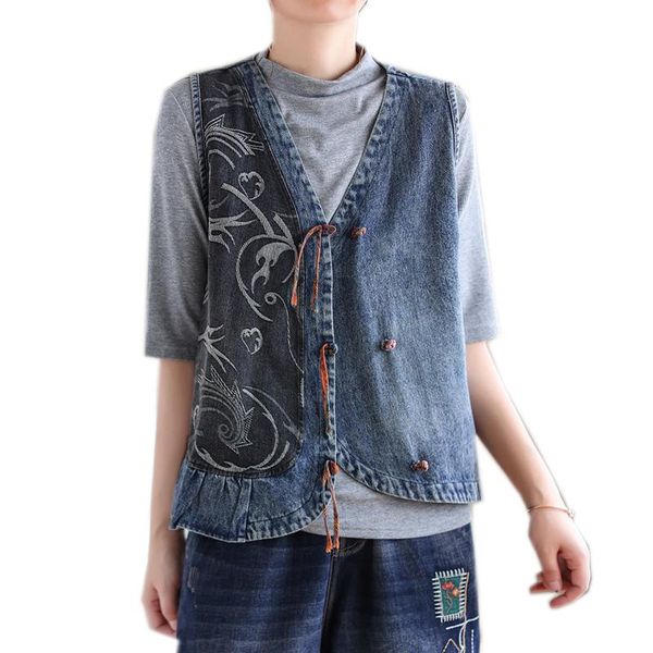 

women's vests women denim vest outwear v neck jacket sleeveless print asymmetric buckles big loose retro vintage casual a09101307, Black;white
