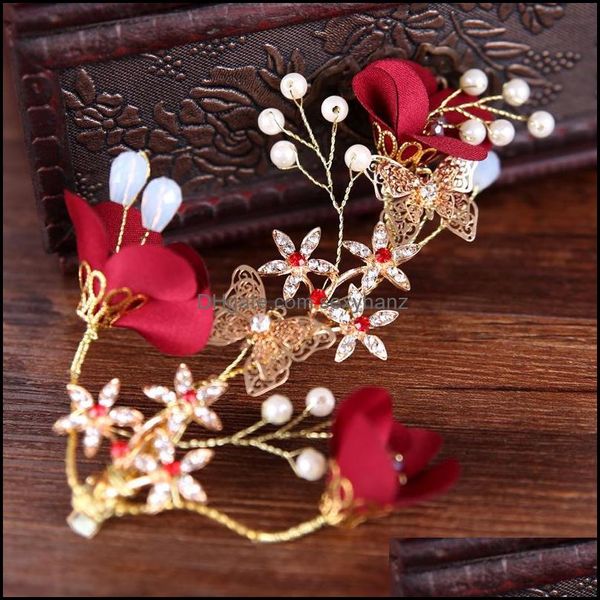 Fermagli per capelli Barrettes Stile cinese Fiore rosso Strass Matrimonio Sposa Gioielli Ragazza Aessories Forcine da sposa Drop Delivery 2021 Mgz