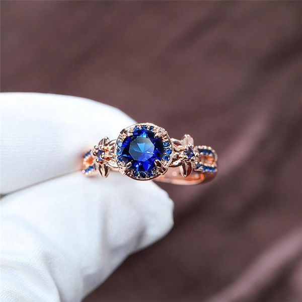 

cluster rings luxury female crystal blue stone ring cute rose gold wedding for women promise bridal round flower engagement, Golden;silver