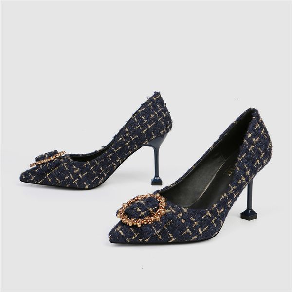 

dress shoes style high plaid crystle shallow mouth thin heel pumps women fashion axid, Black