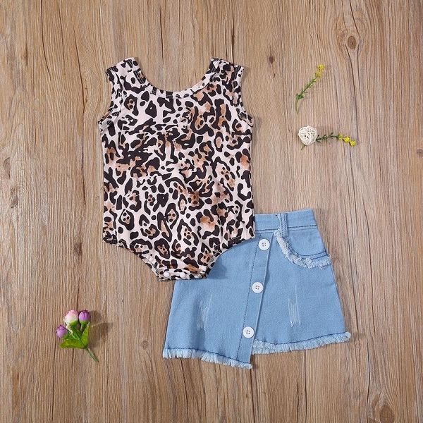 

0-18m fashion born baby girl sleeveless leopard bodysuit denim skirt buttom 2pcs outfits summer clothes set clothing sets, White