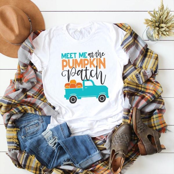 

meet me at the pumpkin women patch truck halloween print ladies tee female graphic, White