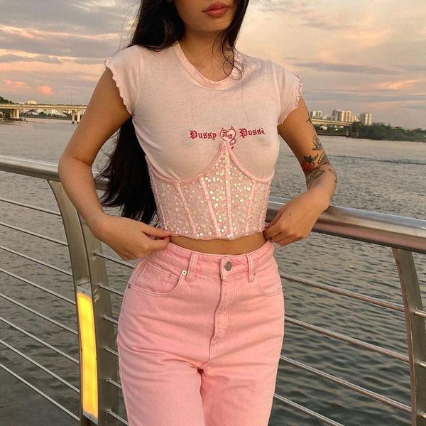 

women's t-shirt 2021 women summer crop adults embroidered letter pattern short sleeve round neck irregular sequin corset, White