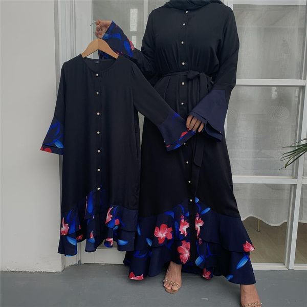 

donsignet muslim dress middle east duabi abaya turkey robe horn long sleeve button slim parent-child fashion ethnic clothing, Red