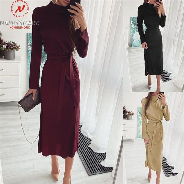 

casual dresses elegant women solid color pencil dress bandage decor high collar long sleeve mid waist spring autumn slim pullovers, Black;gray
