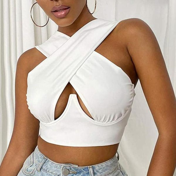 

women's tanks & camis criss cross tank sleeveless solid color cutout front crop party club streetwear summer female, White