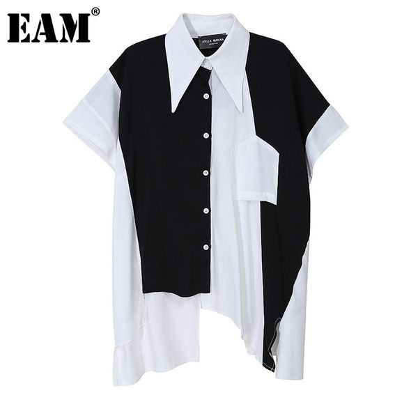 

[eam] women contrast color irreuglar big size blouse lapel short sleeve loose fit shirt fashion spring summer 1dd6092 210512, White