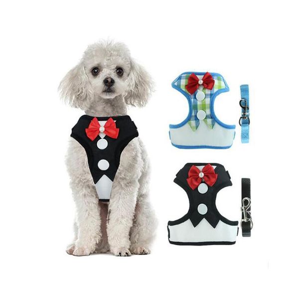 

cat collars & leads adjustable dog harness nylon vest with leash bowknot bowtie suit tuxedo set for cats puppy