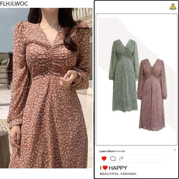 

casual dresses 2021 autumn fall arrivals temperament lady design long sleeve v neck draped floral printed vintage korean chic women dress, Black;gray