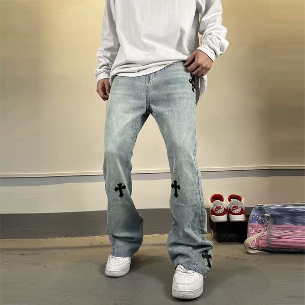

ch factory crosin high style cross lace flared pants and street trend loose wash straight jeans, Black
