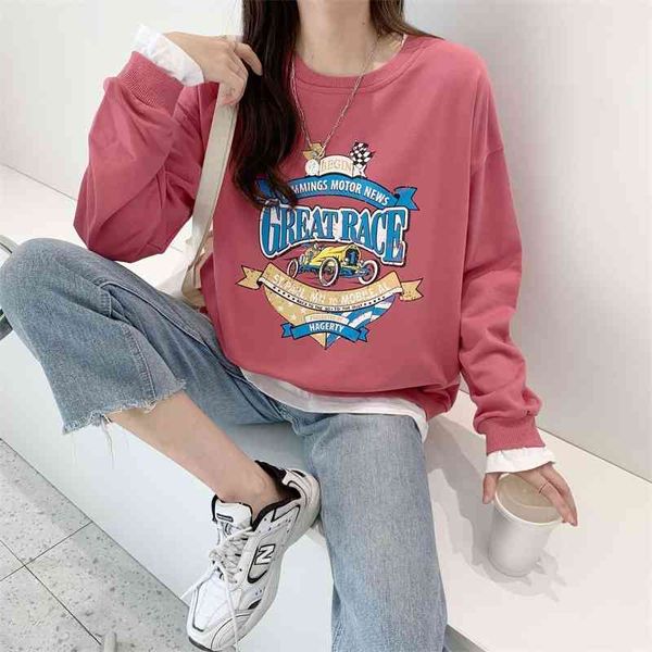 

used print car loose round neck sweater women's wear 2021 autumn new long sleeved women, Black