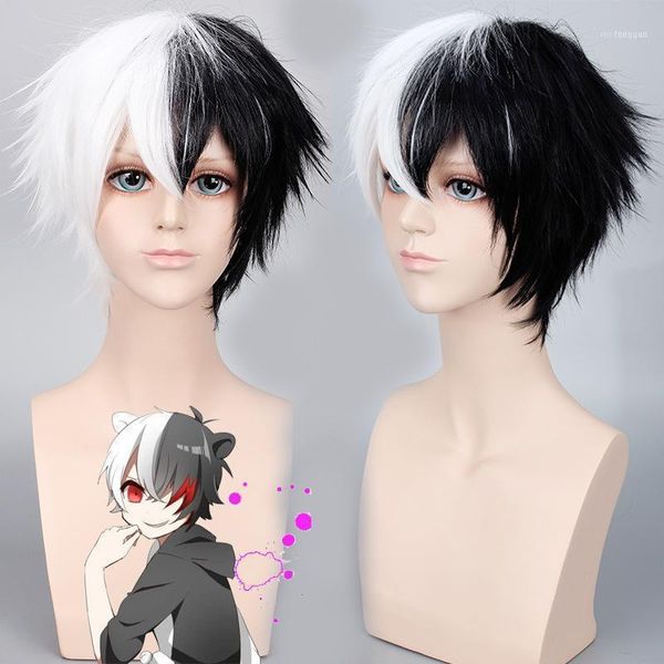 

anime costumes danganronpa monokuma wig cosplay costume dangan ronpa women men short white black synthetic hair halloween party wigs1