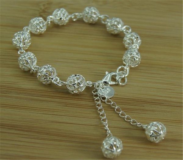 

link, chain pure 925 silver bracelets for women 10mm hollow ball bead bracelet & bangles wristband wedding bridal jewelry pulseira, Black
