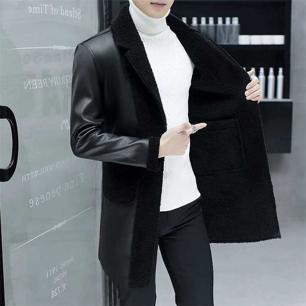 

autumn leather coat men's mid-length trench coat korean slim-fit pu leather jacket men's trendy leathe retro fur men jacket 211111, Black
