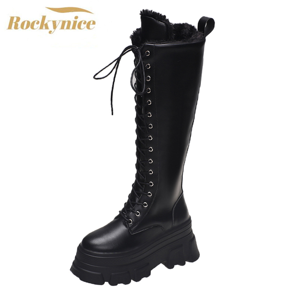

boots women 2021 thicken winter knight woman warm fur knee high retro platform motorcycle botas mujer plush long shoes, Black