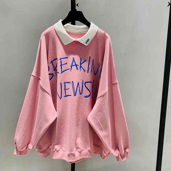 

spring fashion female casual polo collar long sleeve pullover patchwork letter print plus size sweatshirts 8y740 210510, Black