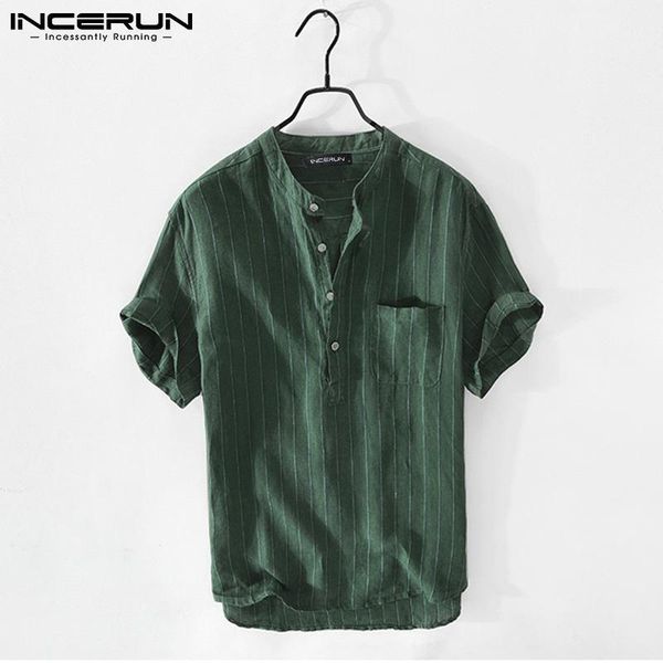 

men's casual shirts men striped shirt stand collar streetwear harajuku short sleeve 2021 clothing breathable summer camisas s-5xl incer, White;black