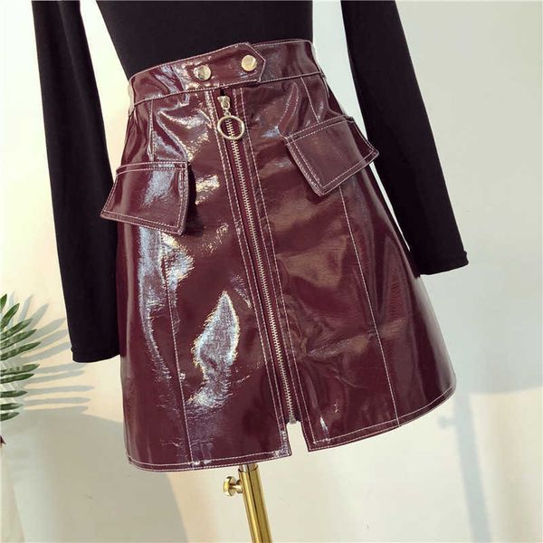 

selling women bandage pu leather mini skirts zipper style high waist clothes for ladies 210601, Black