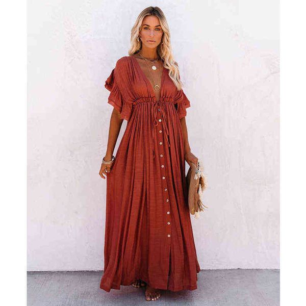 

summer beach maxi dress women pleated drawstring high waist long dress solid boho casual v-neck party dresses 2021 g1223, Black;gray